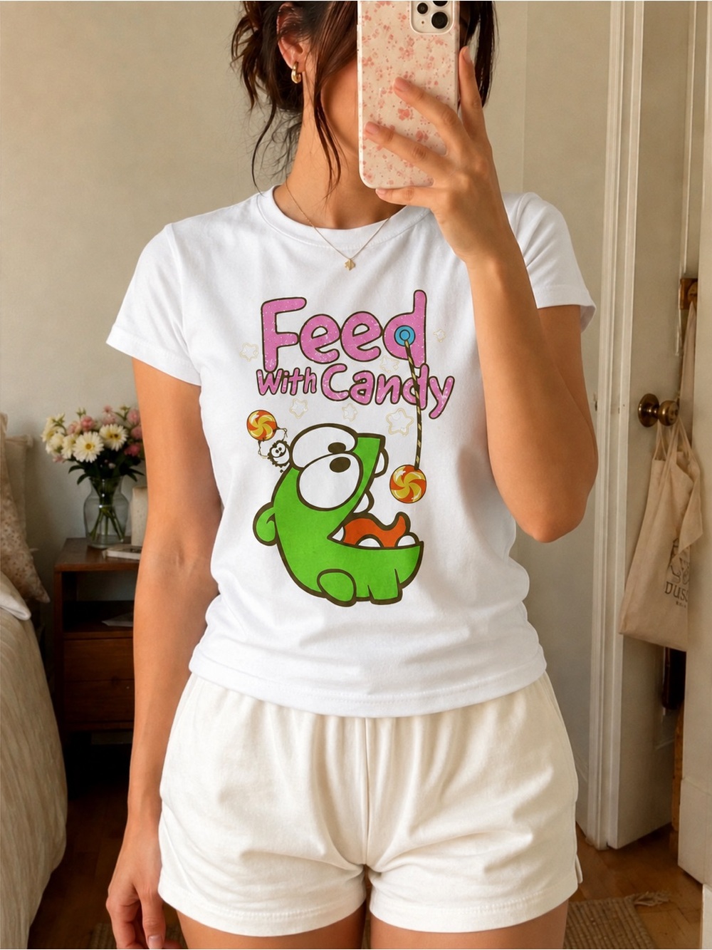 Gildan White Tee with Pink 'Feed with Candy' Graphic and Green Character